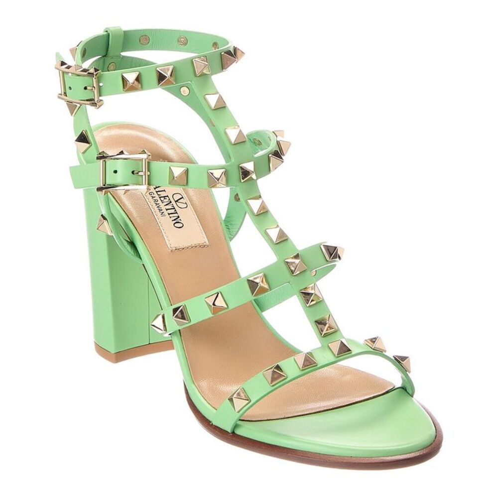 Valentino Rockstud Caged Leather Sandal, Green